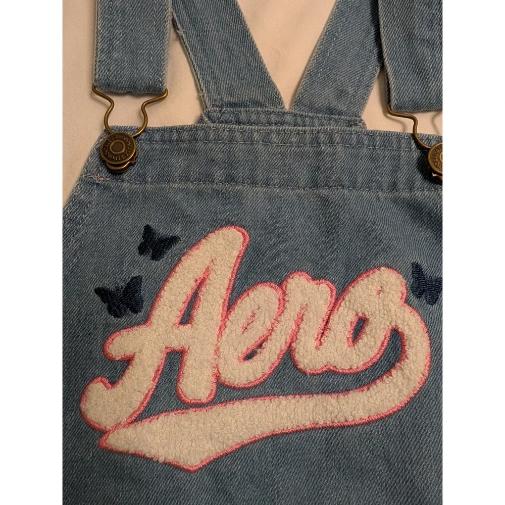 Aeropostale Kids Denim Overall Dress Light Wash Chenille Aero Patch Blue Size M